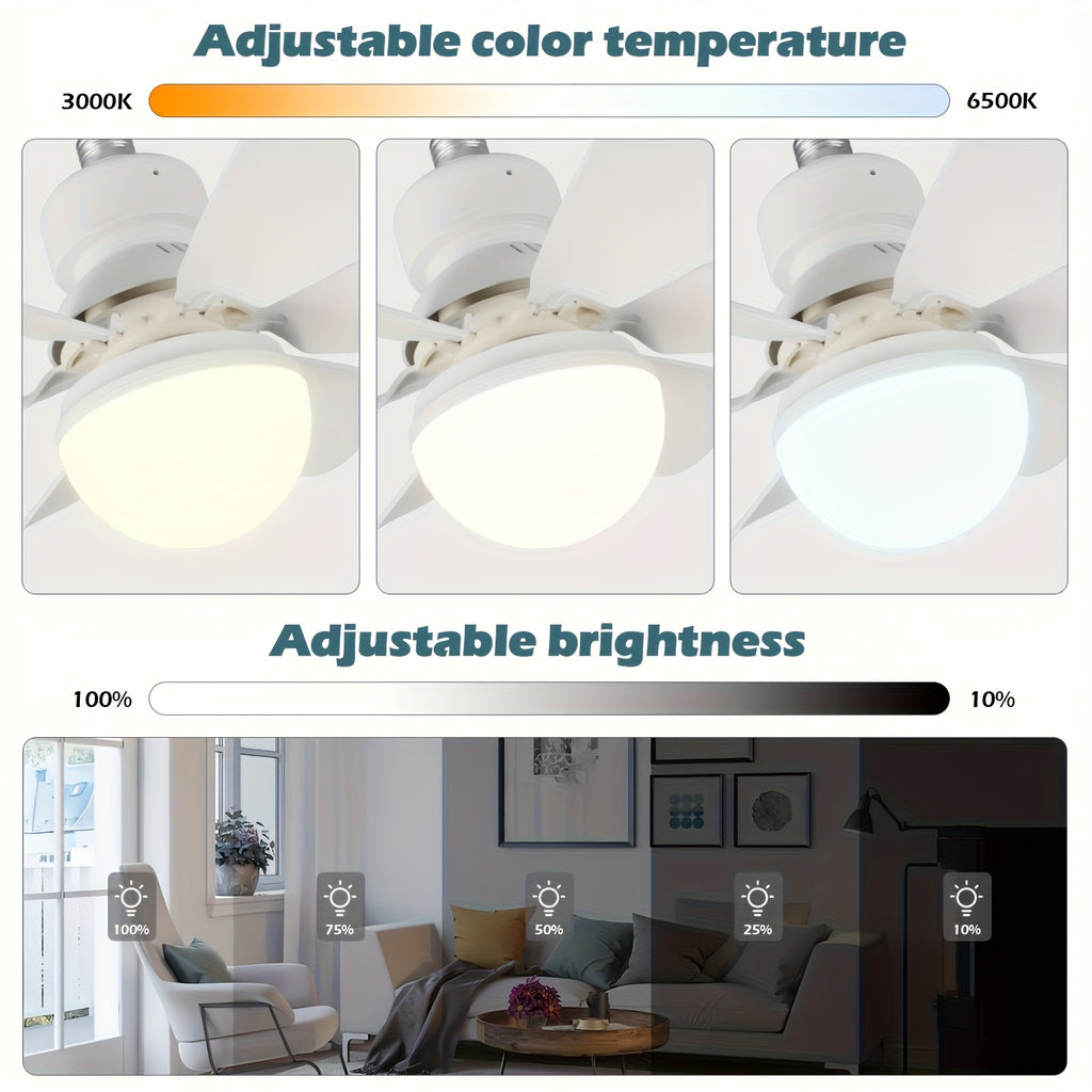 High Power E27 Base Ceiling Fan 30W with Dimmable LED Light, Silent Motor Remote Control Fan Light, E27 Extended Base, 3 Speed & Color Temperature Adjustment, Energy Saving Easy Installation for Living Room Bedroom