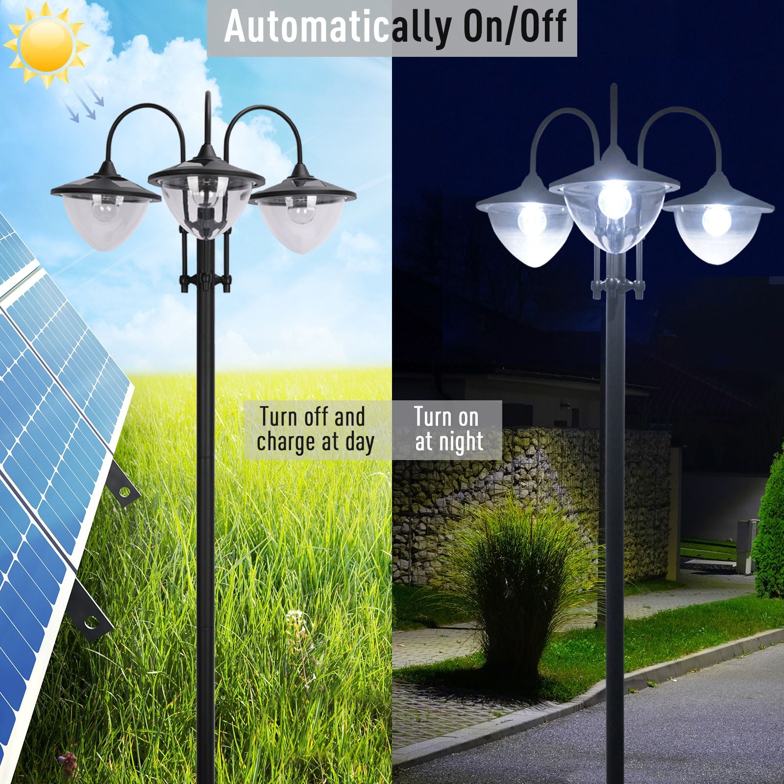 3-Head LED Solar Lamp Post Street Light with Planter, Solar Lamp Post, Black