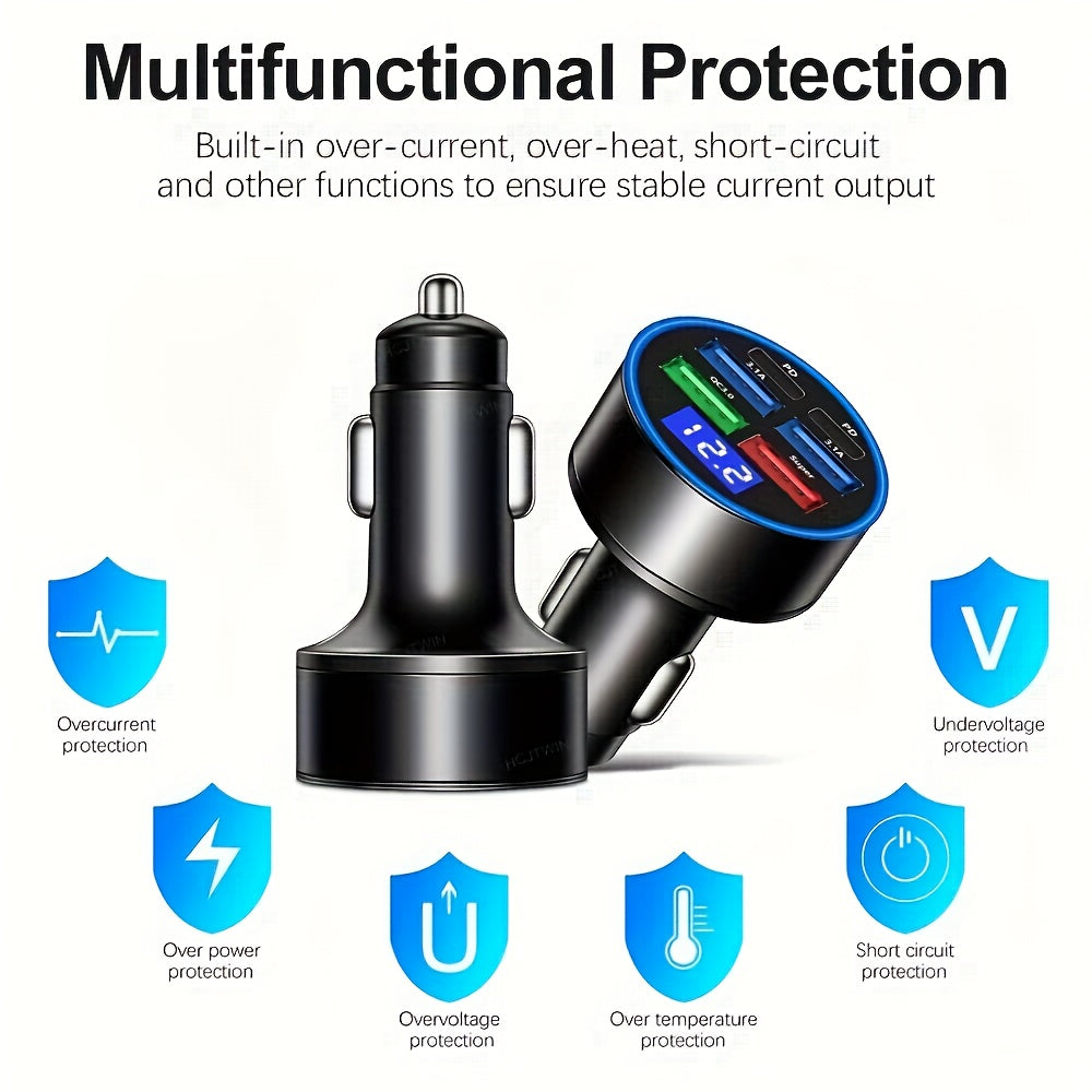1pc 66W USB C Car Charger, 6-in-1 Fast Car Charger Adapter with 4 USB-A Ports & 2 Type-C Ports, Voltage Display, Multi-Port Power Adapter Compatible with iPhone Samsung Android Phones Tablets
