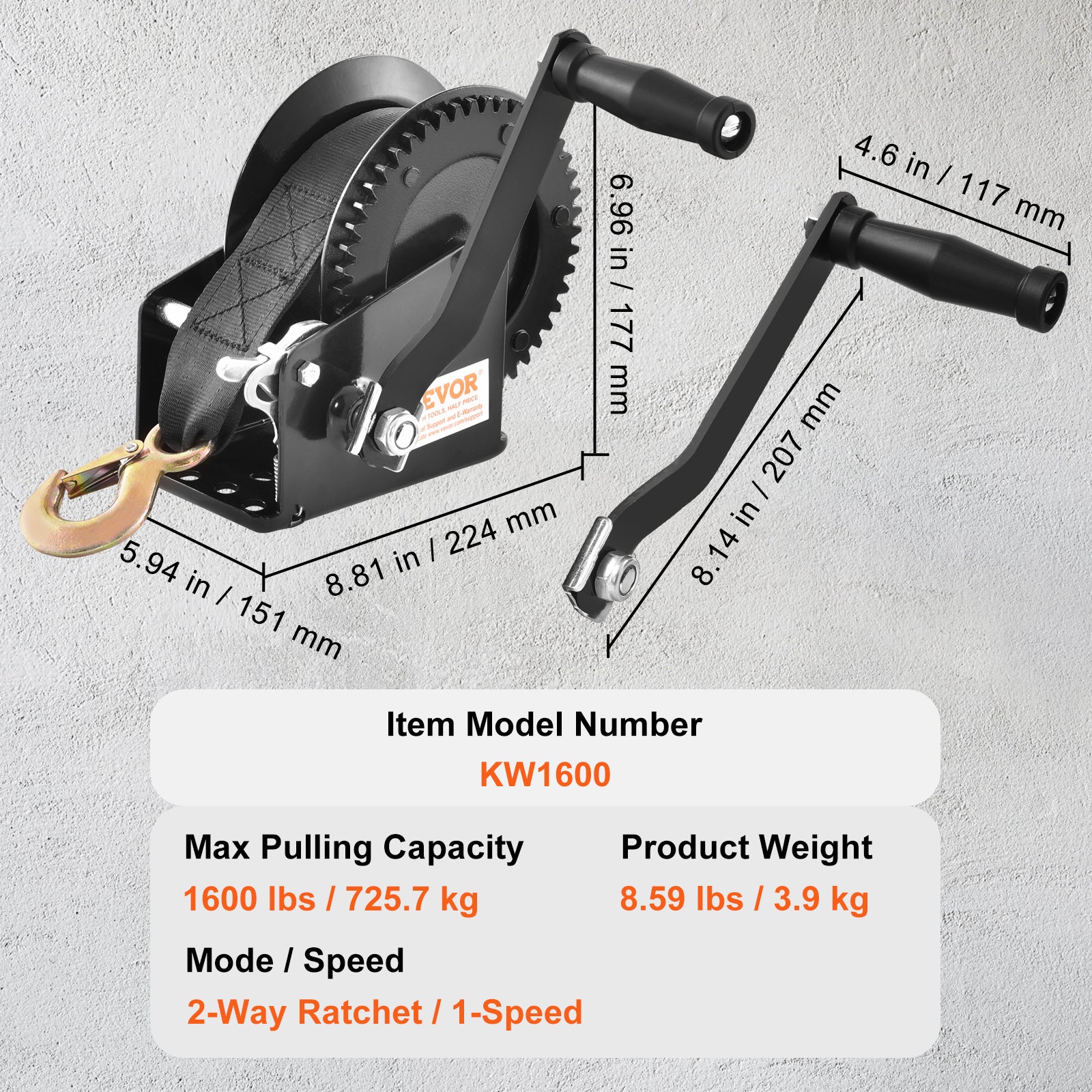 VEVOR Manual Winch, 1200 Lbs / 1600 Lbs / 2000 Lbs / 3500 Lbs Pulling Capacity, Boat Trailer Winch with 23FT Polyester Rope Strap and 2-Way Ratchet, Suitable for Trailers, Boats or ATV Towing