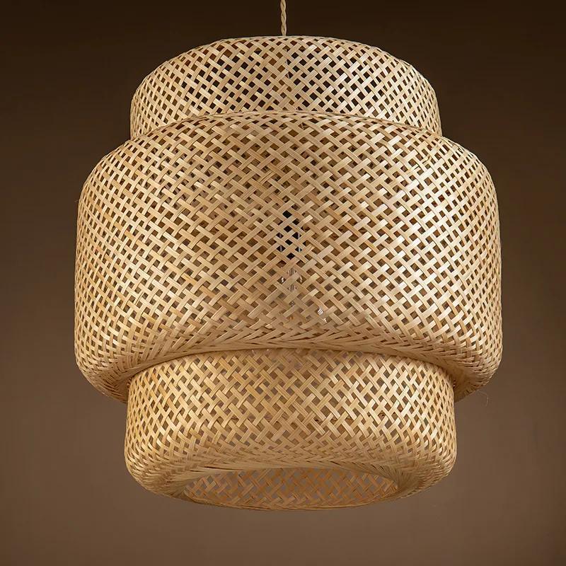 Three-layer rattan pendant light – 19.7-inch hand-woven natural dome light fixture, with 59-inch adjustable hanging rope, bohemian style chandelier, suitable for living room, dining room or entryway – compatible with E26 bulb (bulb not included)