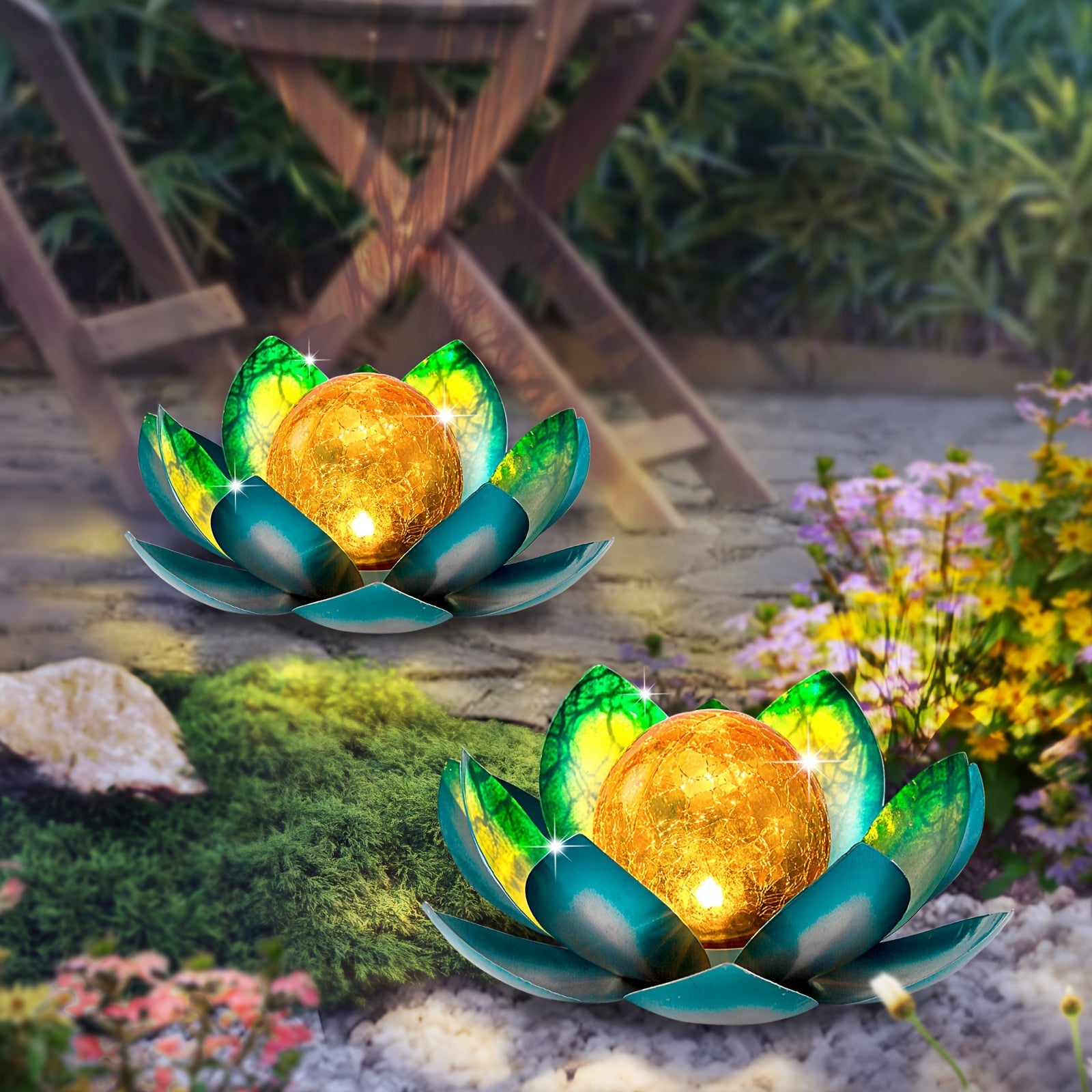 2 Pack Outdoor Solar Pink Lotus Light, Wrought Iron Garden Decoration, LED Light with Cracked Glass Ball, IPX4 Waterproof Rating, Perfect for Patio, Lawn, Terrace, Tabletop, Gift for Mom