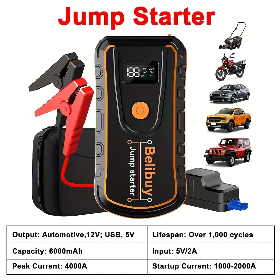 High-Power Portable Car Jump Starter | Advanced Emergency Vehicle Starter - Powerful 6000mAh Rechargeable Battery, USB Charging, for Vehicles Under 36V, Upgraded Version, Reliable Emergency Power Source