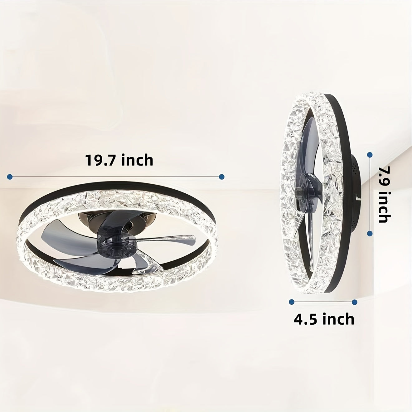 Low Profile Ceiling Fan with Light and Remote Control, Fandelier 19.7 Inch Semi-Flush Mount, 3000K-6500K Smart Bladeless LED, Black Modern Bedroom Ceiling Fan, Acrylic Lampshade, Hardwired, Remote Control