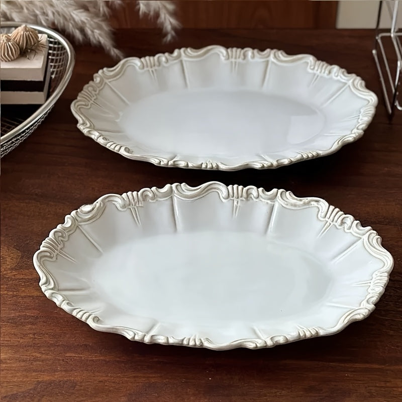 French Kiln-Changed Glaze Vintage 12-Inch Fish Plate, Ceramic Dinner Plate, Steamed Fish Dish, High Temperature Resistant, for Restaurant & Home Use