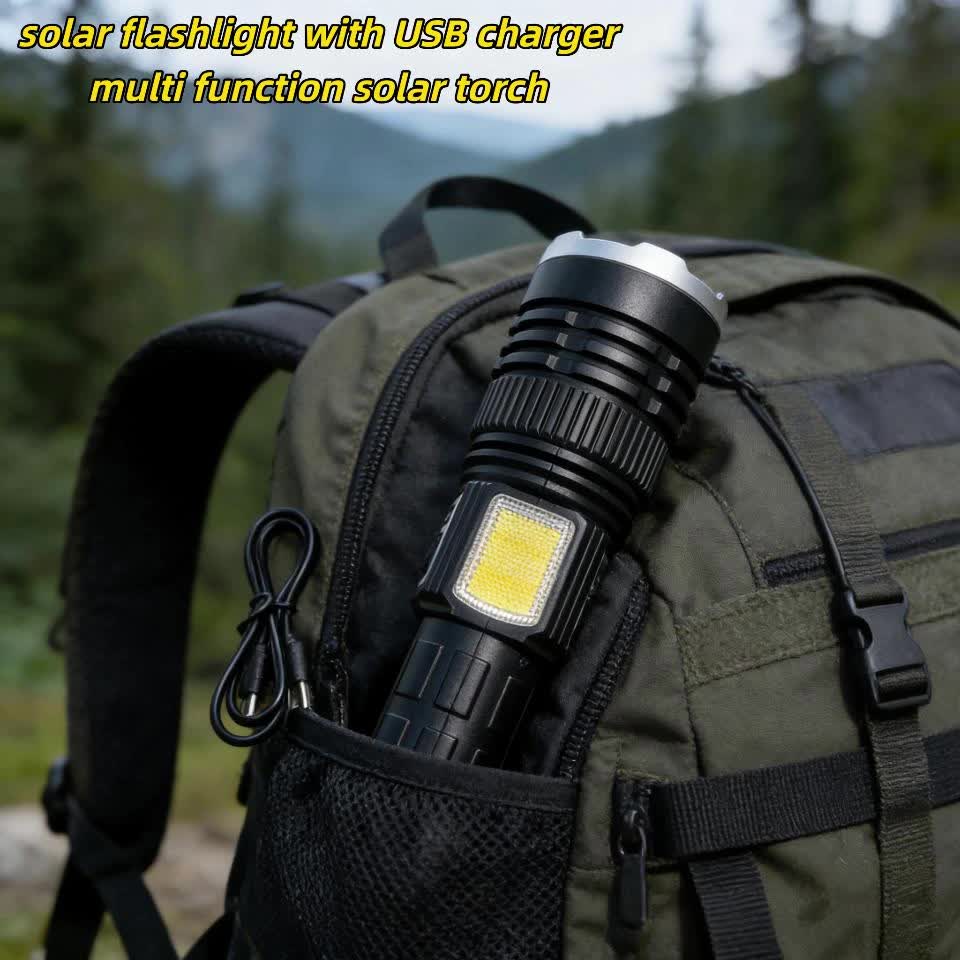 Solar Charging LED Flashlight High Lumen 2400mAh Battery COB Side Fill Light 9 Lighting Modes Zoomable & Beam Adjustable Non-Slip Grip Handheld Flashlight for Camping Mountaineering Home Daily Lighting