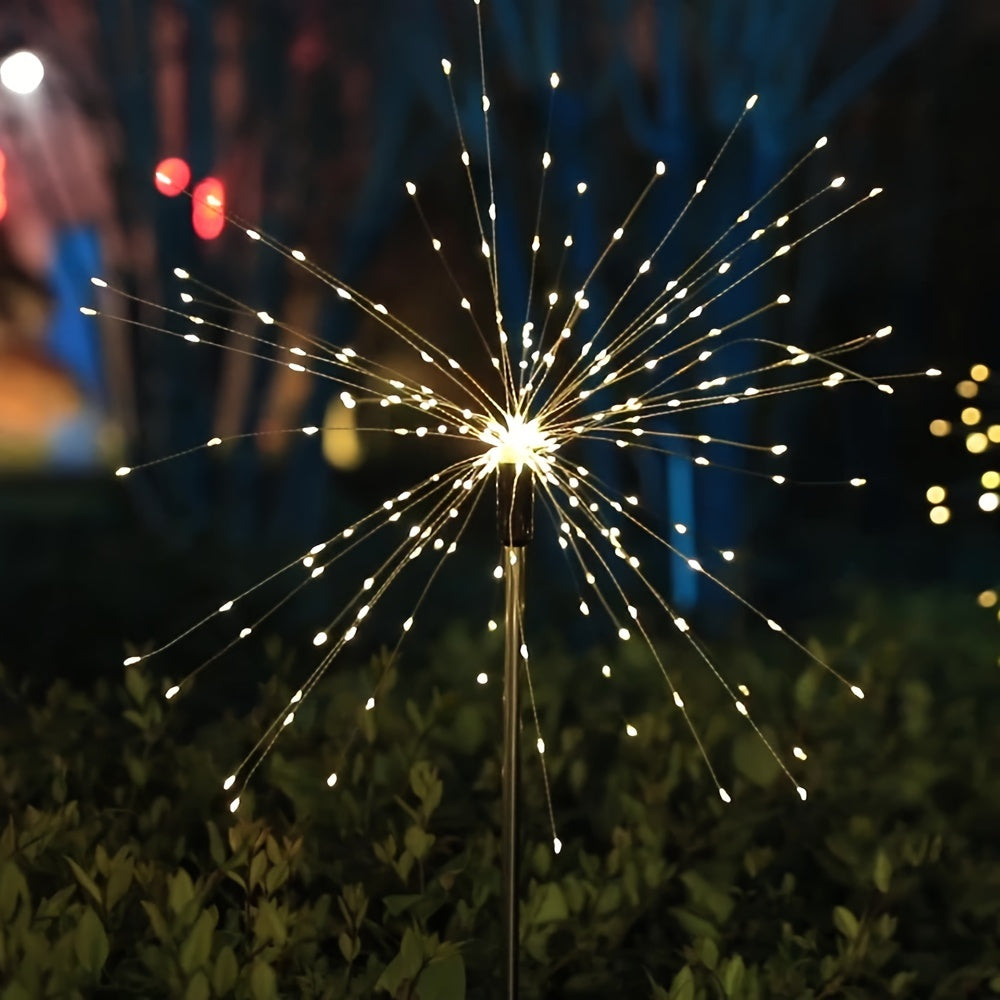 2个太阳能花园烟火灯 - 90颗LED，智能光感自动亮度调节，适合庭院、后院及小径装饰