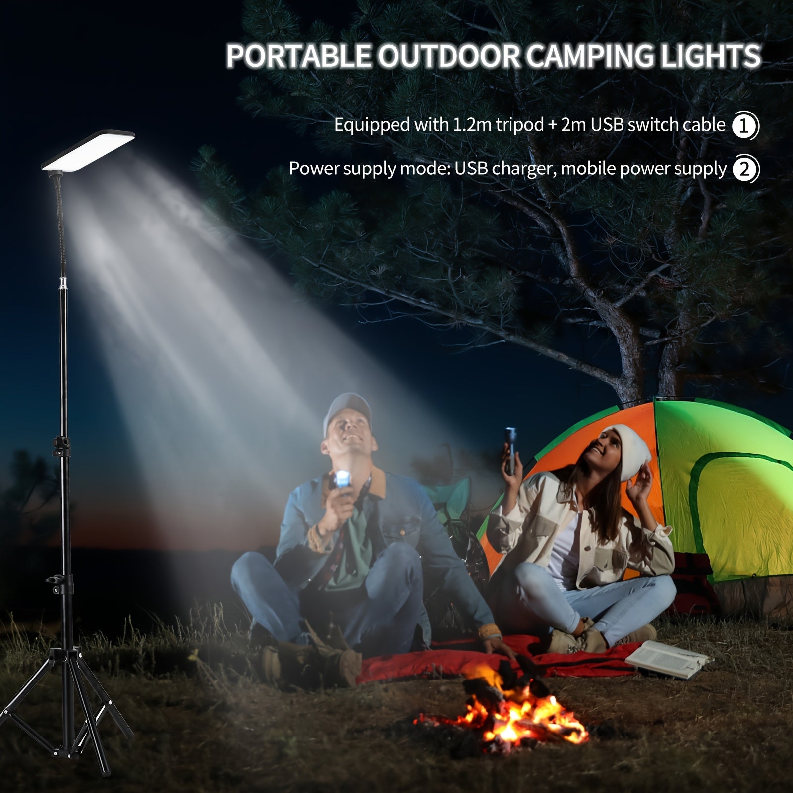 Adjustable metal hose camping light, outdoor camping light with telescopic stand, portable USB-powered LED work light