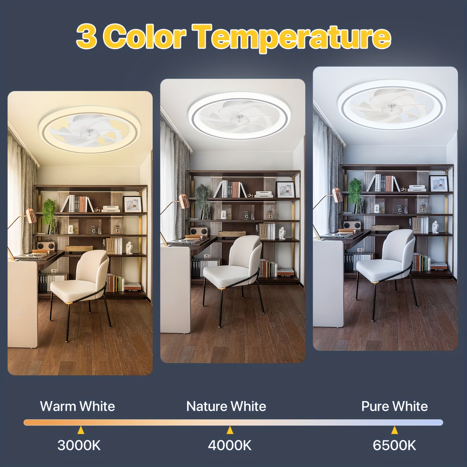 20 Inch Modern Dimmable LED Ceiling Fan Light, APP & Remote Control, 3 Color Temperatures, 6 Speed Levels, Flush Mount Design for Bedroom, Night Mode, Timer Function, Wireless Control, Polished Finish, Bedroom Ceiling Fan, Modern Lighting
