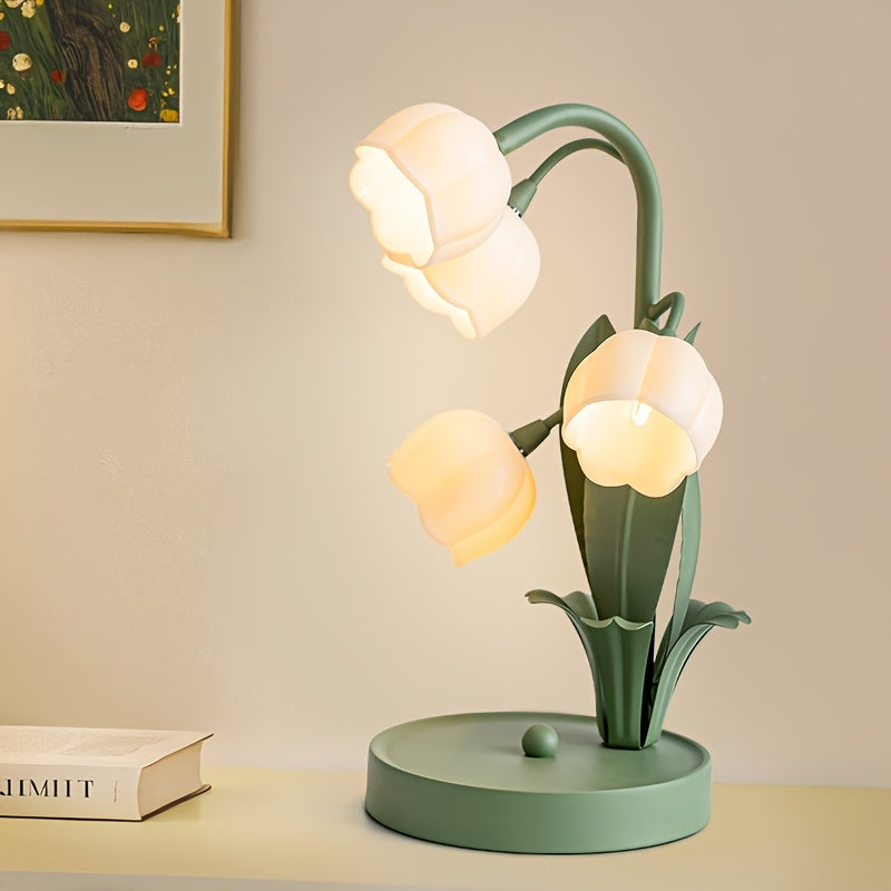 Pink warm table lamp, gold light luxury table lamp, five lily of the valley flowers table lamp, creative acrylic flower shape, home decoration desk lamp, floral theme ambiance light, themed homestay hotel decorative lamp