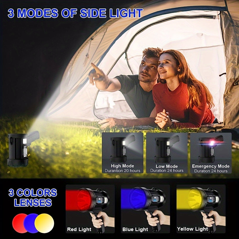 Staaricc rechargeable LED spotlight, ultra-high lumens, ultra-bright solar COB spotlight, 6 modes, 4-color temperature flashlight, large outdoor handheld searchlight suitable for hunting, camping, boating, USB port electronic light