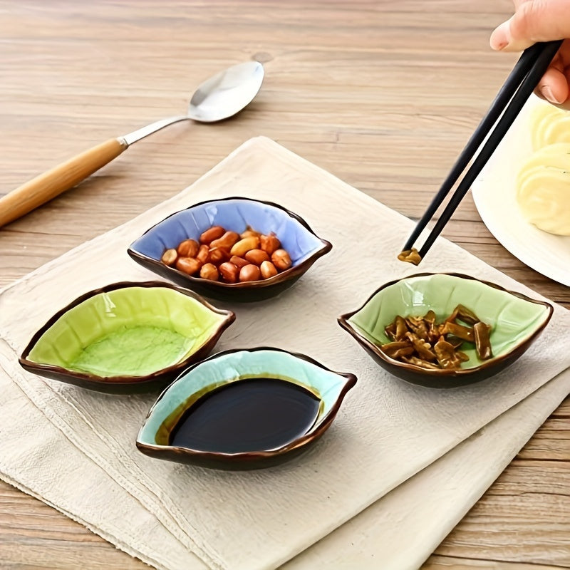 4-Piece Set Ceramic Leaf-Shaped Small Sauce Dish, Leaf Pattern Ice Crackle Glaze Dip Dish, Multi-Purpose Tableware, Perfect Choice for Home Kitchen & Restaurant Use