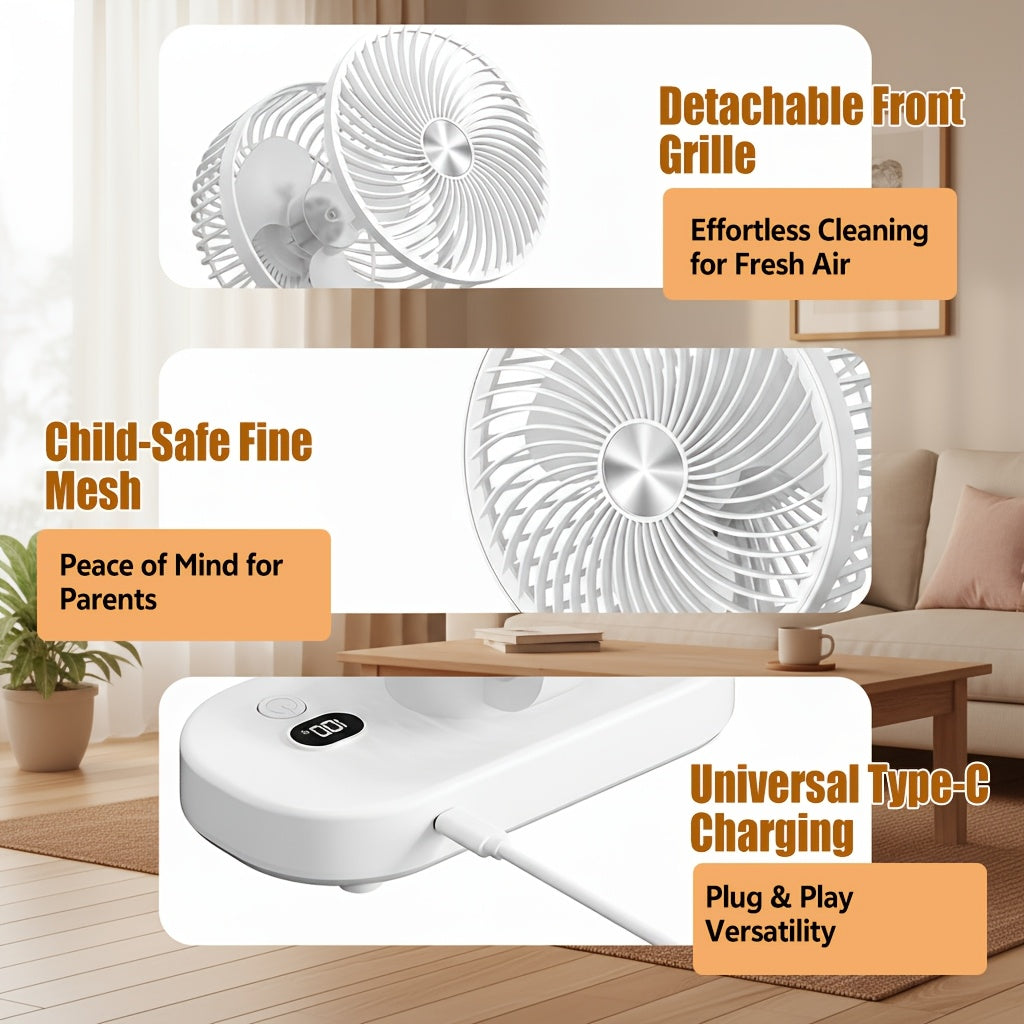 USB Rechargeable Desktop Fan, Portable Wall Mounted Air Circulator, 5 Speed Levels, 360° Adjustable Angle, LED Smart Display, Dual Use Desktop & Wall Mount, Quiet Circulation Fan Essential for Home Office Kitchen Outdoor