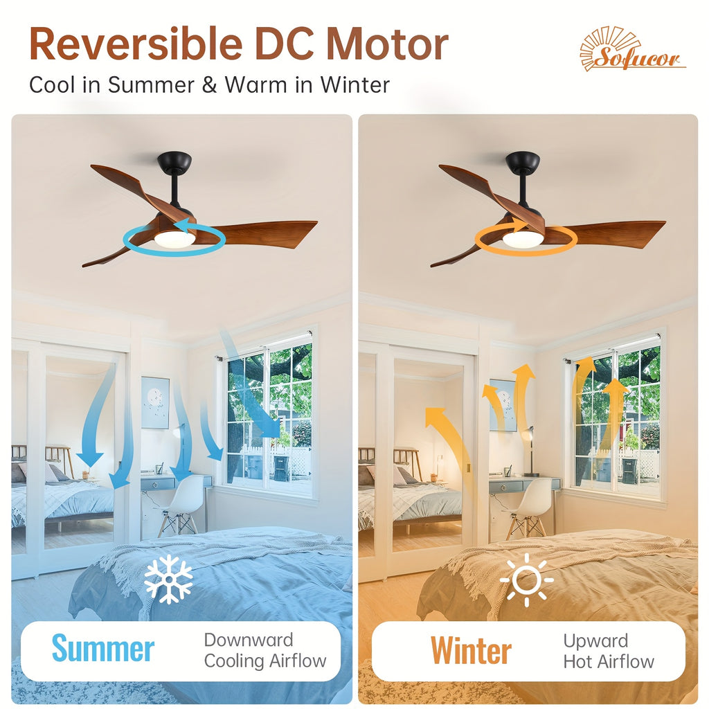 Sofucor 52 Inch Large Modern Ceiling Fan with Light, Smart Remote Control Ceiling Fan, 3 Solid Wood Blades, Reversible DC Motor, 6 Speed Settings, 1/4/8 Hour Timer, LED Lighting