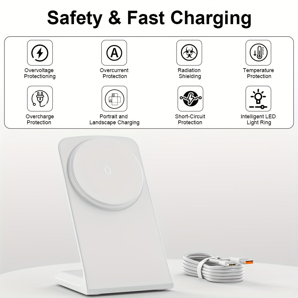 GYUAN 15W Fast Magnetic Charging Station for iPhone 12 Mini, 13, 14 Plus, 15, 16 Pro Max & AirPods 4, 3 Pro 2 - Wireless Desktop Charger with USB-C Input, Green LED Indicator, 2-in-1 Stand, iPhone Charging Station | Modern Charging Station | Sleek Chargin