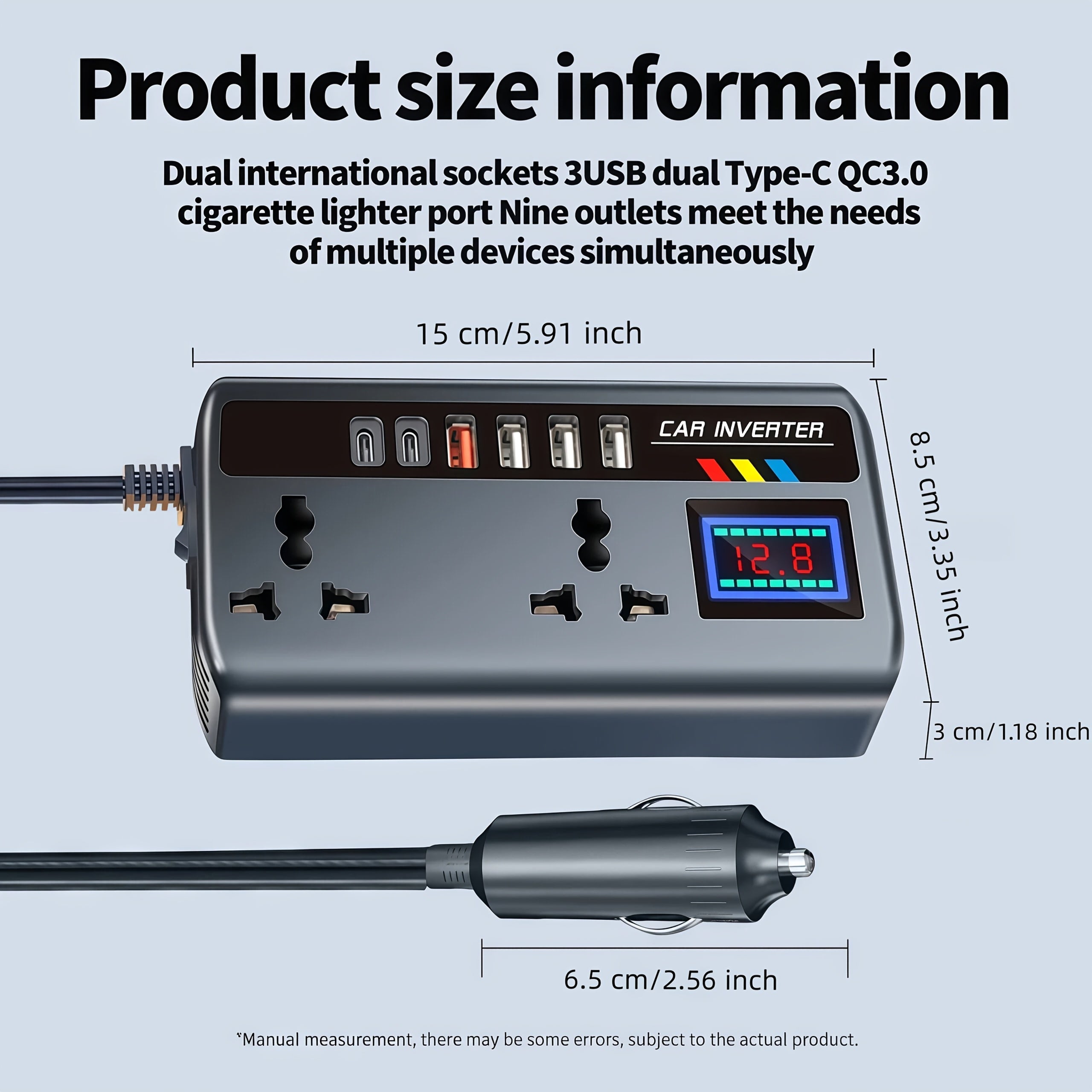 200W车载电压转换器逆变器，从DC 12V/24V到AC 220V，双通用插座+6个USB端口，数字电压显示，智能快速充电和大功率变压器-适用于汽车、卡车和SUV