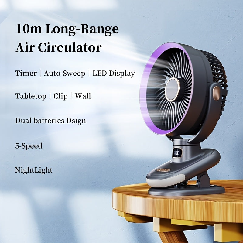 New Silent Clip-on Fan with Night Light, 5 Speed Levels, Dual Lithium Batteries for Ultra-Long Runtime, Standable/Clipable/Hangable, Bi-Directional Rotation, Timer & LED Display, Clip-on/Wall-Mounted/Desktop Air Circulator