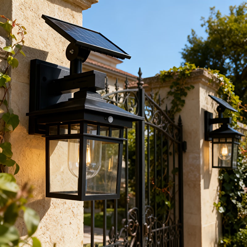 Solar Wall Light with Motion Sensor and Adjustable Panel | Dusk to Dawn Automatic On/Off, Security Lantern Suitable for Gate, Garage, Fence, Courtyard, Patio