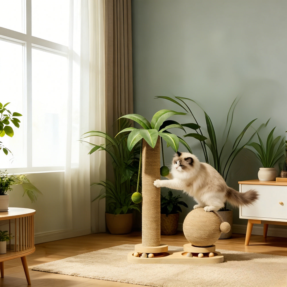 椰子树实木猫咪旋转抓挠柱，带猫咪诱导棒，耐用猫抓板和剑麻猫爬架