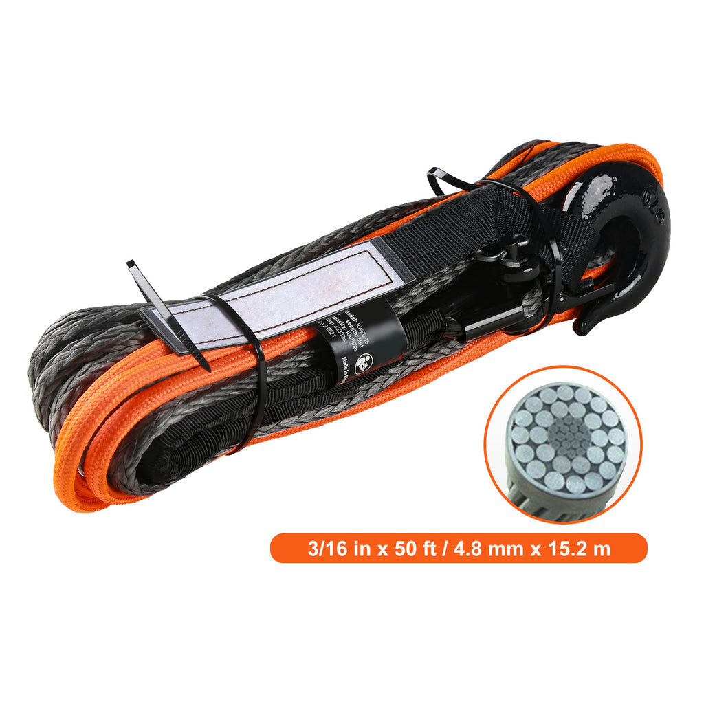 VEVOR Synthetic Winch Rope, 3/16″ / 3/8″ / 1/2″ x 50ft / 85ft / 92ft / 100ft 8,350lbs Synthetic Winch Cable Rope with Protective Sleeve + Stopper + Forged Winch Hook + Pull Strap, Universal for ATV, UTV, Vehicle Trailer