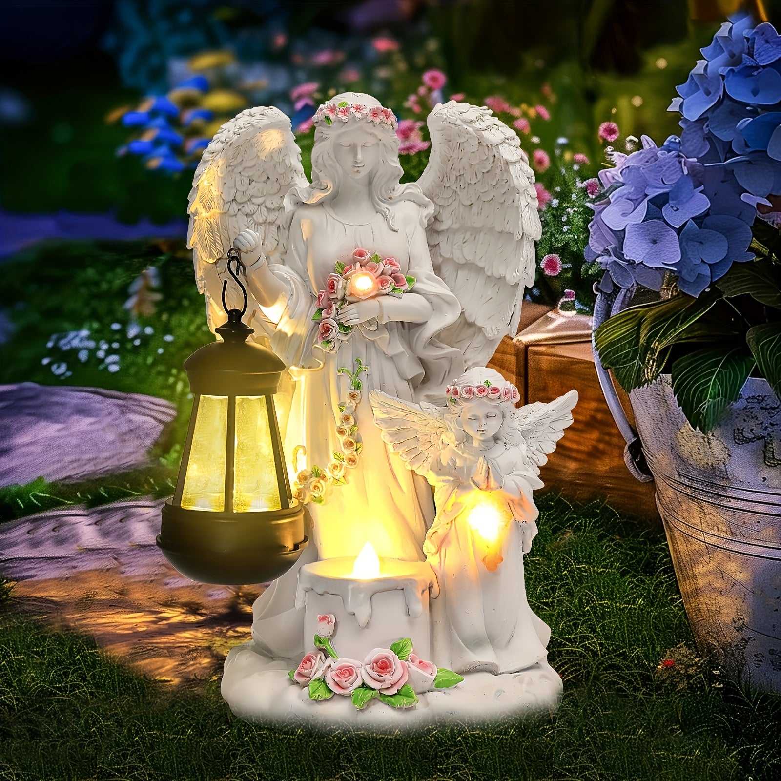 OTDECOR 1-Piece Angel Lantern Outdoor Statue, Flower-Decorated Winged Angel Outdoor Tabletop Decoration, Soft Warm Light Angel Ornament Outdoor Tabletop Accessory, Quiet Patio Garden Outdoor Decor Outdoor Tabletop Statue