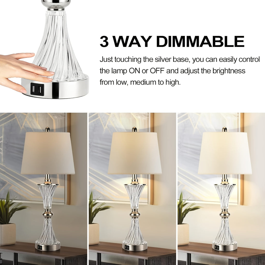 Touch control table lamp for bedroom, 3-way dimmable white drum shade modern bedside night light set of 2 with 2 USB charging ports (bulbs included)