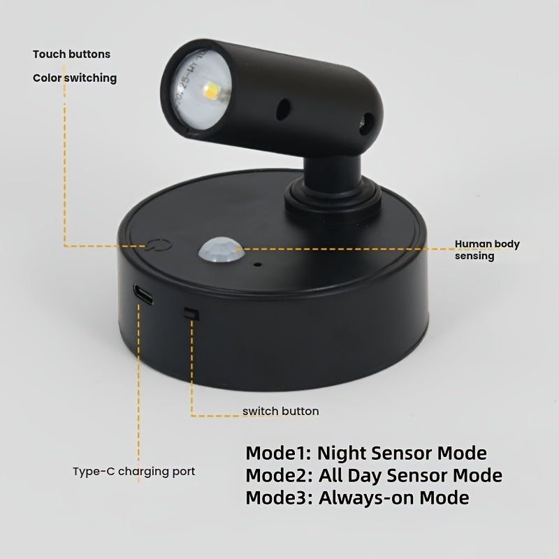 Tri-color temperature wireless sensor spotlight, adjustable warm/cool/neutral light, magnetic LED wall light, high-efficiency sensor light, battery-powered USB rechargeable wall light, indoor spotlight suitable for hallways
