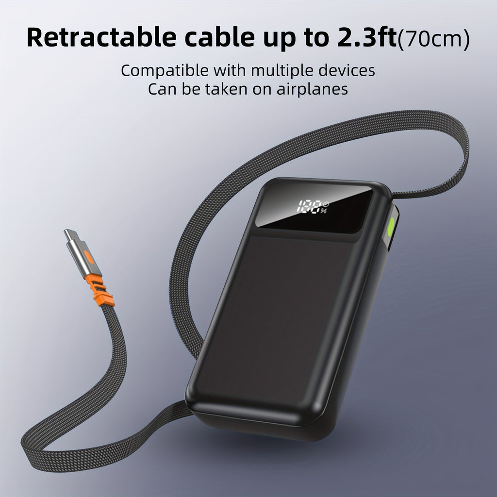 Portable Charger with 10000Mah Capacity, Features a Built-In 2.3-Foot Retractable Cable, Essential for Travel, Fast Charging Power Bank, USB C Battery Pack with LED Display.