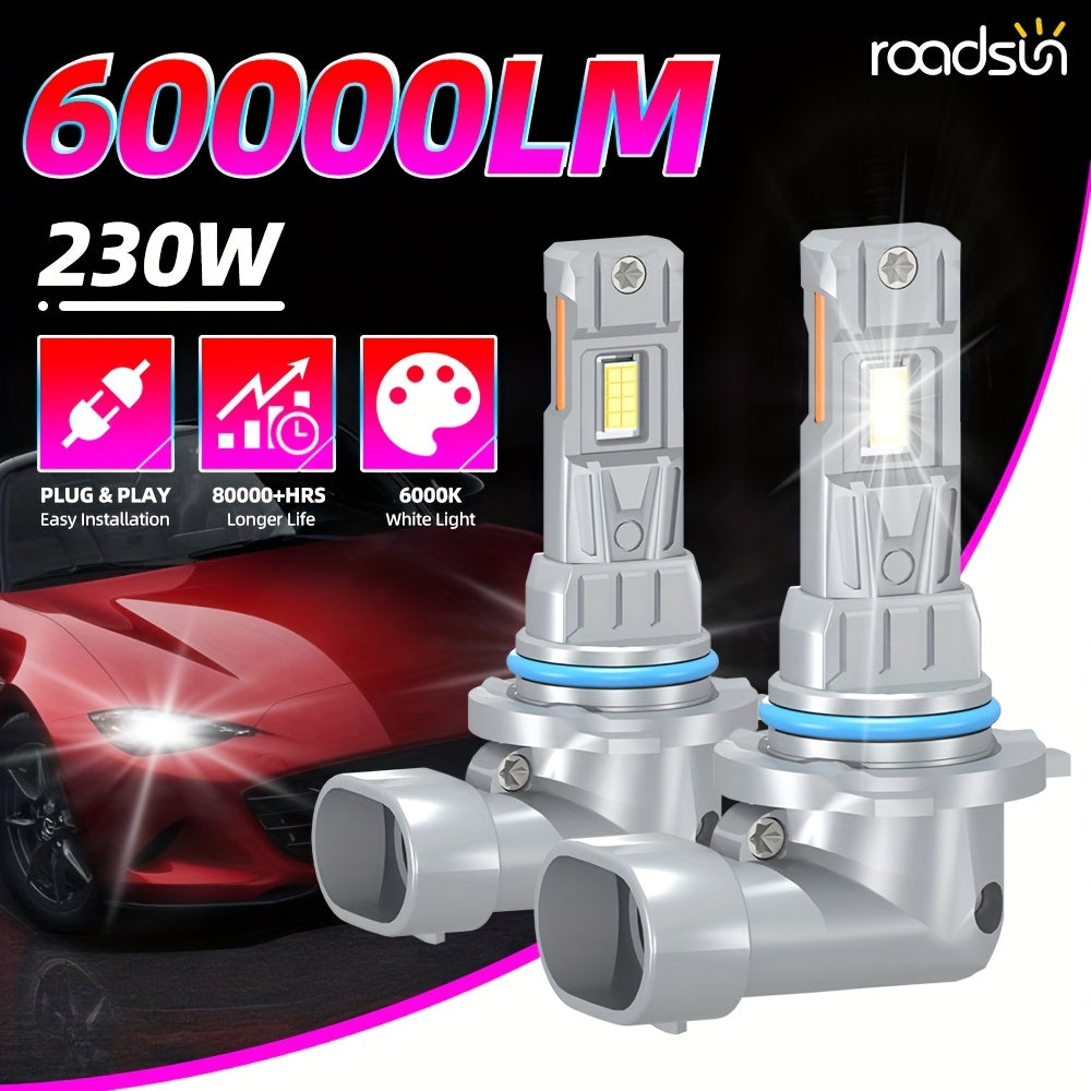 Roadsun offers a set of two high-power LED headlights, compatible with various car models, compact size for easy installation, brightness up to 60,000 lumens, color temperature 6000K, no battery included.