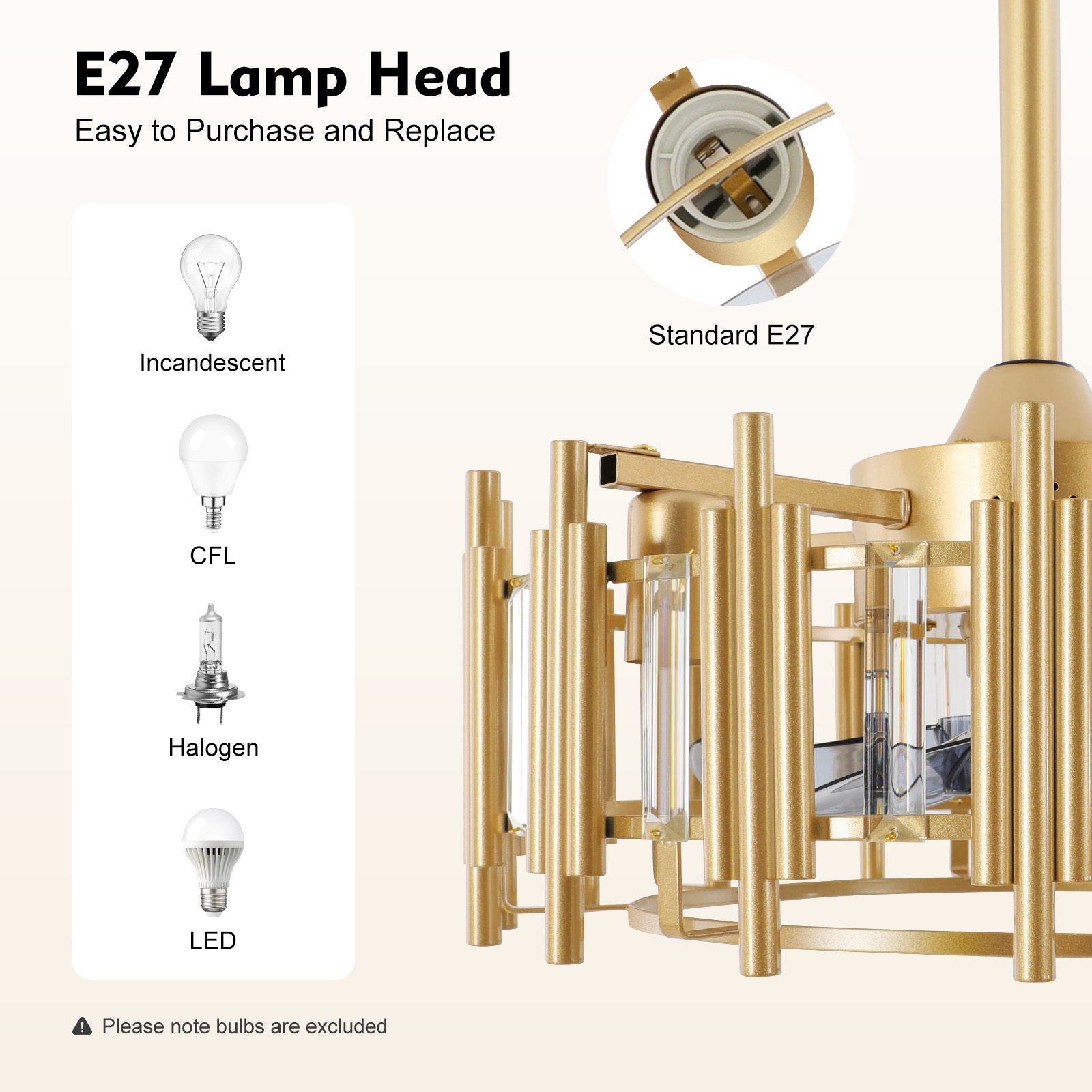 Modern Ceiling Fan with Light, 3 Speed Levels, 1/2/4 Hour Timer, 4 E27 Lamp Sockets, 4.8-9.8 Inch Adjustable Downrod, for Bedroom Living Room, 107.64-269.1 Sq.Ft Coverage