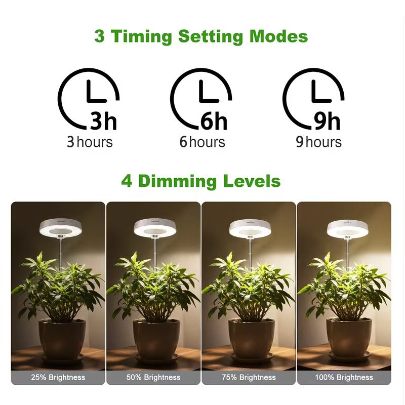 LED Plant Grow Light, Built-in 3/9/12 Hours Auto Timer and Dimmable Function, Height Adjustable. Perfect for indoor plants, herbs, vegetables and flowers in kitchen and home environments. USB Powered Adjustable Desk Lamp