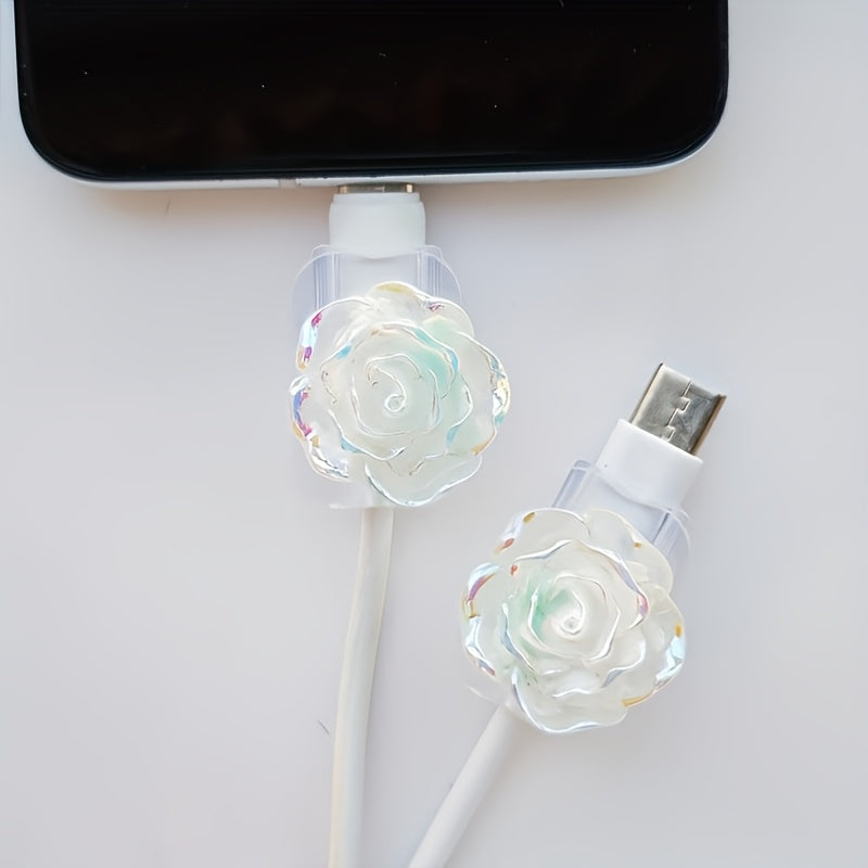 Cute Two Color Rose Phone Charging Cable Case | No Batteries Required, USB Connector, Universal Charger, Ideal for Birthday, Wedding, Valentine'S Day, Graduation, New School, Father'S Day, Christmas, Halloween - Data Cable Protection Set
