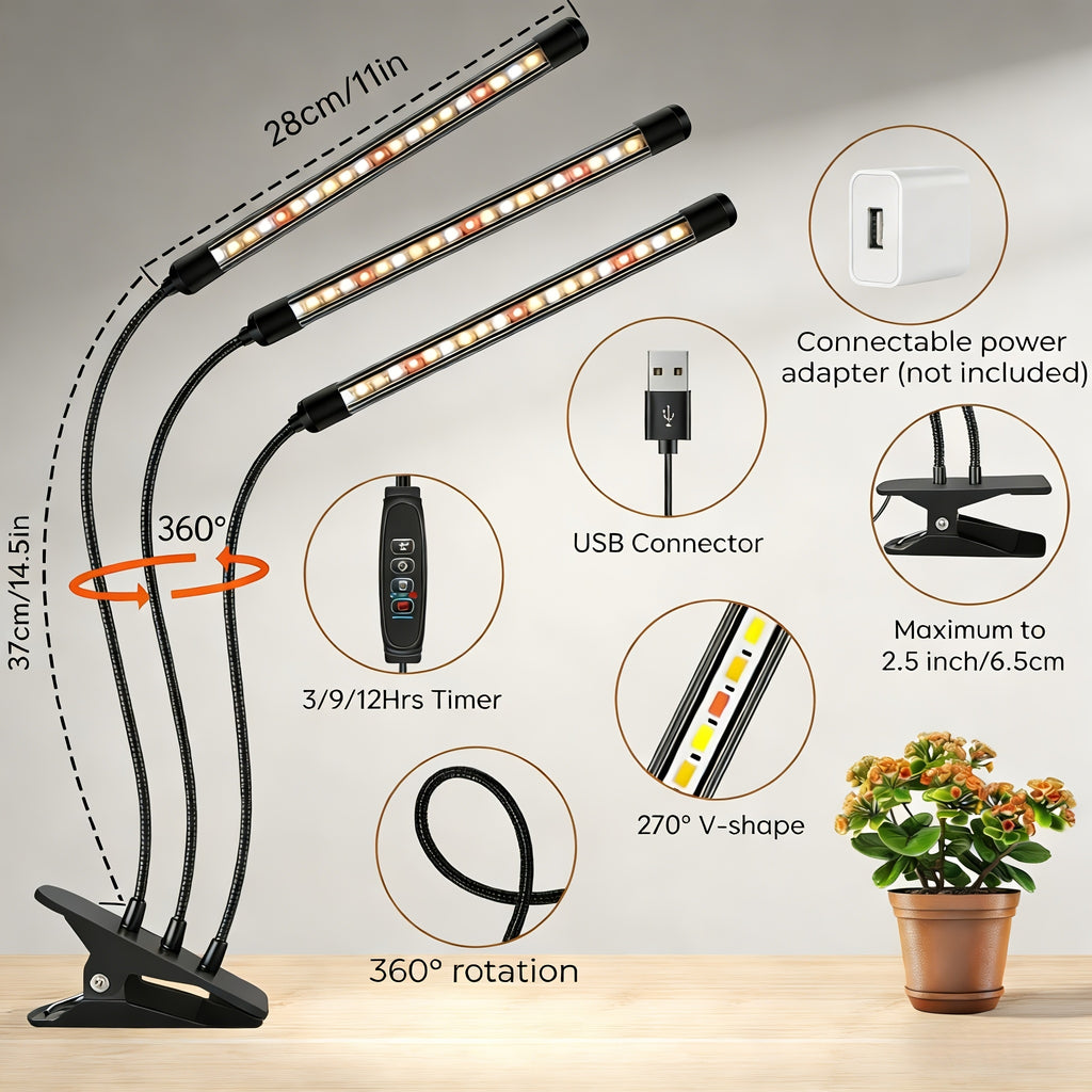 3-Tube LED Plant Grow Light, Full Spectrum Supplemental Grow Lamp