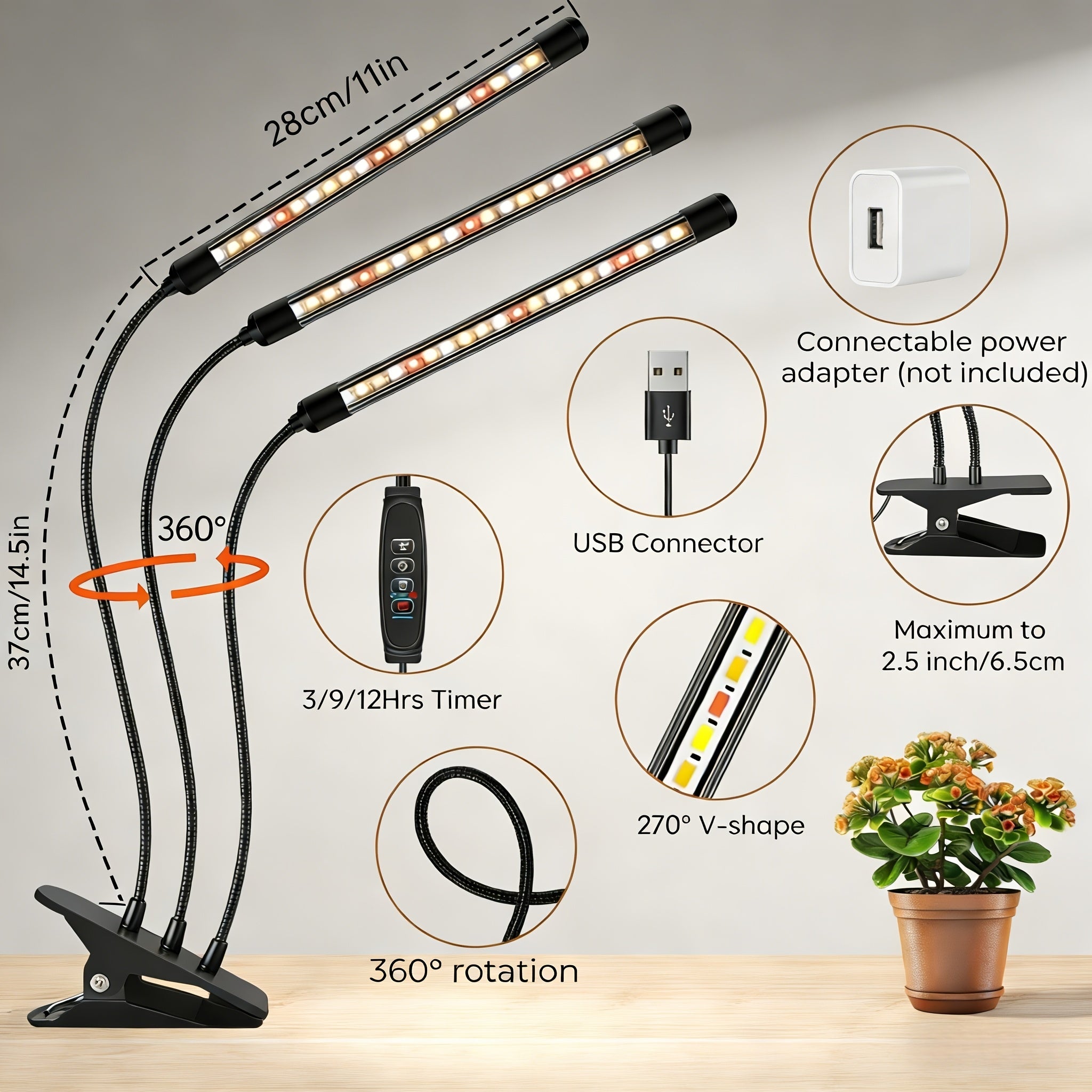 3-Tube LED Plant Grow Light, Full Spectrum Supplemental Grow Lamp