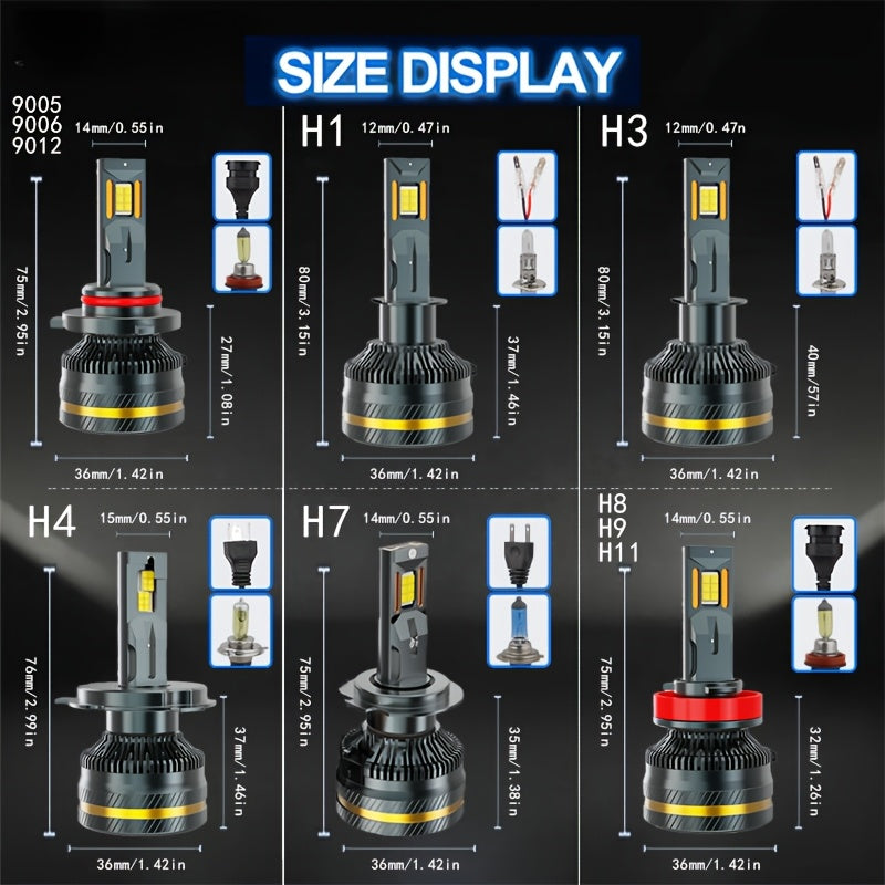 2-Pack Car LED Headlights H1 H3 H4 H7 H8 H9 H11 9005 9006 9012 Dual Copper Tube Lens High/Low Beam Integrated Plug-and-Play