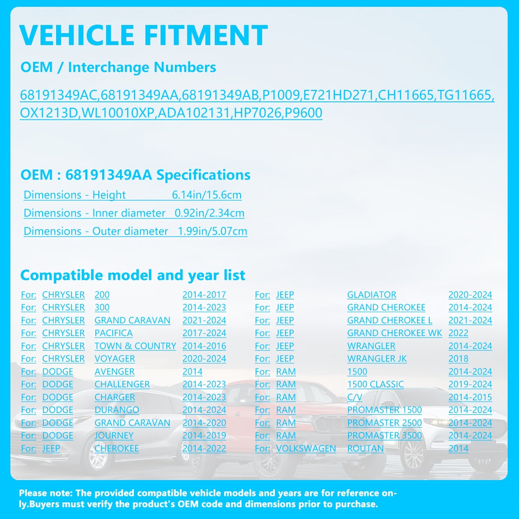 Auto Oil Filter, OEM: 68191349AC, 68191349AA, 68191349AB, P1009, E721HD271, CH11665, TG11665, OX1213D, WL10010XP, ADA102131, HP7026. Fits Select Chrysler, VW and Jeep Models  fr