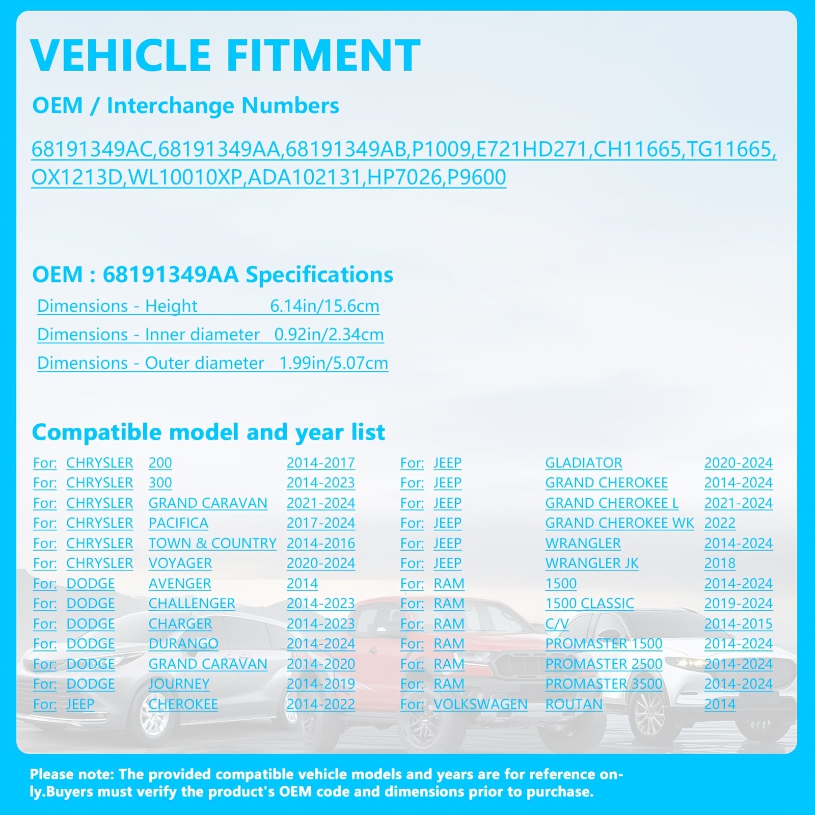 Auto Oil Filter, OEM: 68191349AC, 68191349AA, 68191349AB, P1009, E721HD271, CH11665, TG11665, OX1213D, WL10010XP, ADA102131, HP7026. Fits Select Chrysler, VW and Jeep Models  fr