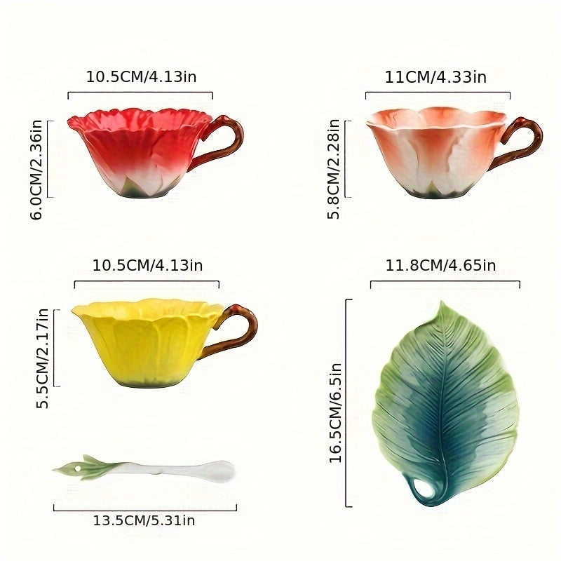 Elegant 3-Piece Ceramic Tea Set (Includes Tea Spoon, Cup & Saucer) – Vibrant Floral Pattern, Perfect for Home & Restaurant Use