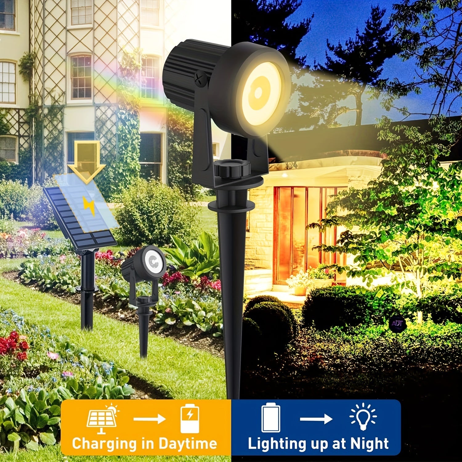Outdoor solar spotlights, available in 2/4-pack, offering warm white and cool white options, suitable for landscaping, Christmas decoration, and illuminating yards, trees, gardens, ponds, and pool areas
