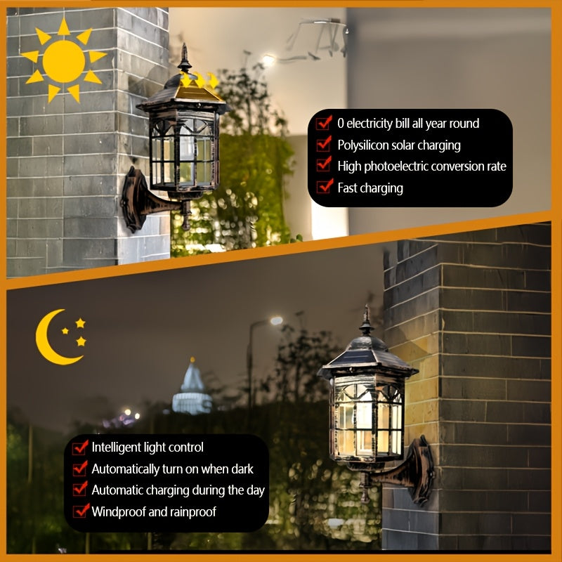 1-Pack Solar Outdoor Wall Light, Vintage European Medieval Style, Silicon Solar Panel, 1200mAh Lithium Battery, Motion Human Body Induction, 3 Modes, Semi-Flush Mount (Removable), Plastic Lampshade, Automatic Lighting