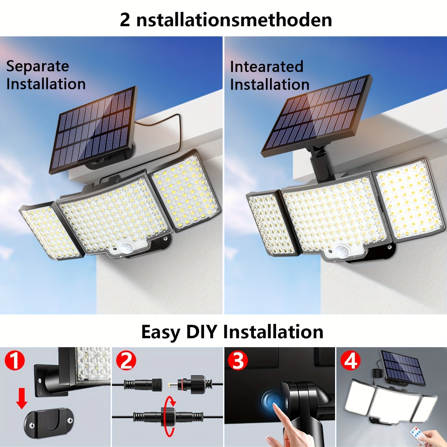 1/2 Pack Solar Outdoor Light, High Brightness, 212 LED Solar Motion Sensor Light with Remote Control, 3 Adjustable Head Wall Light with 3 Lighting Modes, Wide Angle Illumination, Security LED Floodlight, Perfect for Outdoor, Wall Light, Street Light
