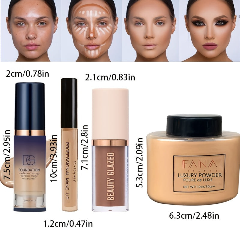 4件/套 液体粉底 Concealer 面部散粉，面部彩妆套装，持久妆效，防水防汗，完美妆容，女士彩妆，哑光质地，适合新手，日常妆容，理想的节日礼物