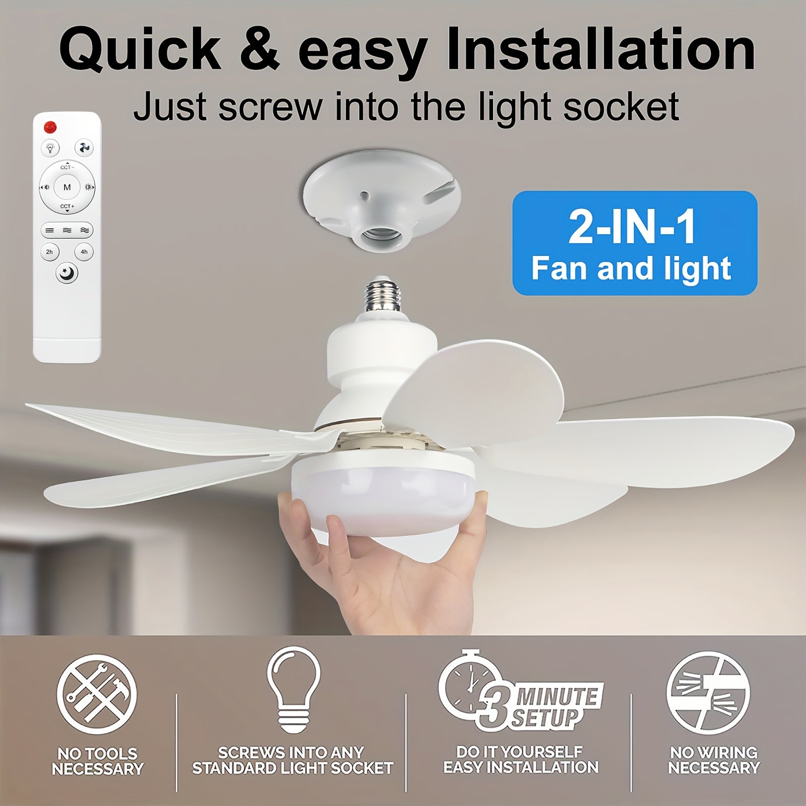 Remote Control Ceiling Fan Light, Integrated LED Lighting & Fan, 3-Speed Quiet Wind and 3 Color Temperature Adjustment 3000K-4500K-6500K, Tool-Free Installation & Timing Function, E26/E27 Interface 6-Blade Fan Light