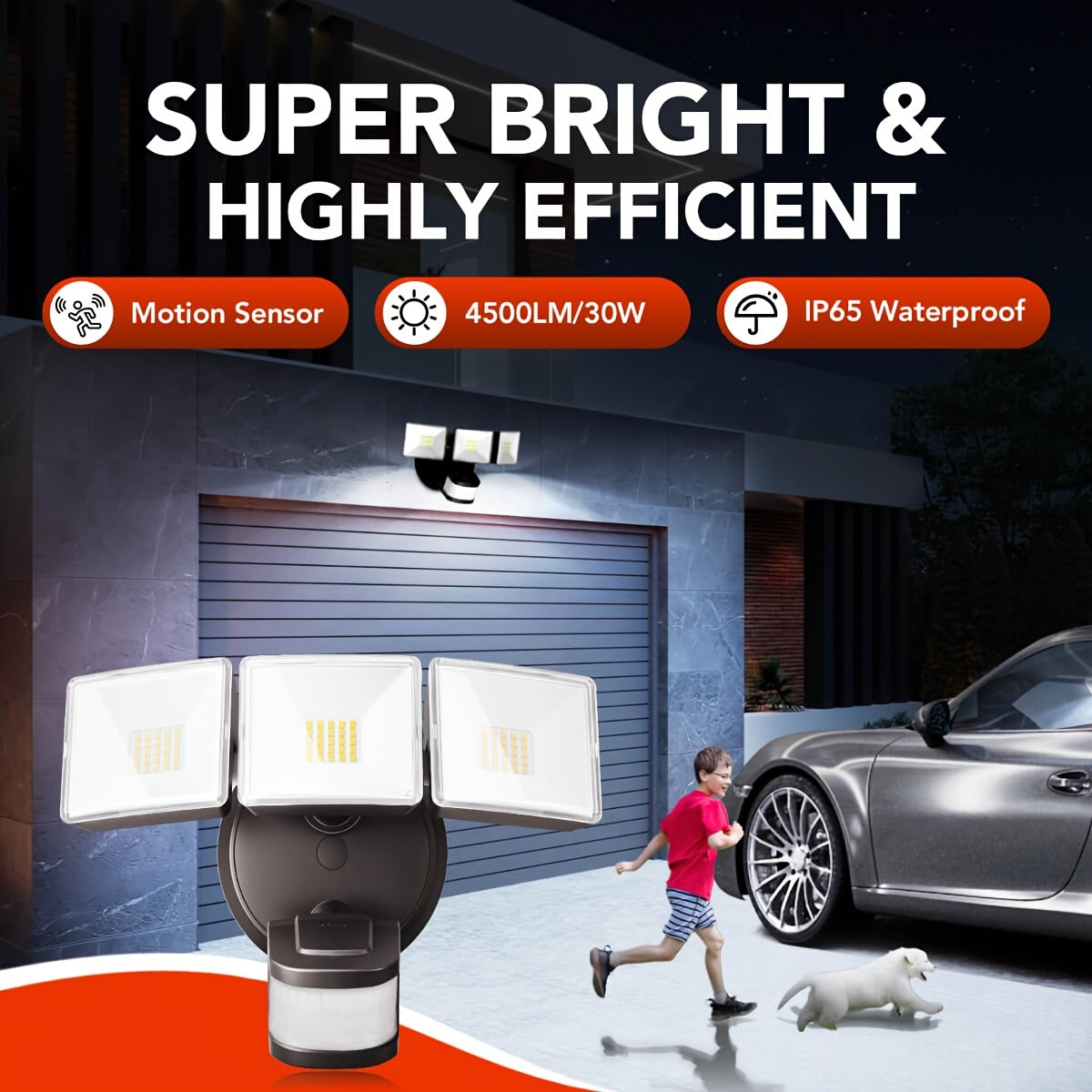 SYVIO Outdoor Flood Light, LED Security Light Coverage Area 4500 sq ft, 4500 Lumens / 30 Watts, IP65 Rating, 240 Degree / 50 ft Detection Range, 3 Modes (Dusk to Dawn), Suitable for Patio Garden, Garage and Backyard FT Area Lighting