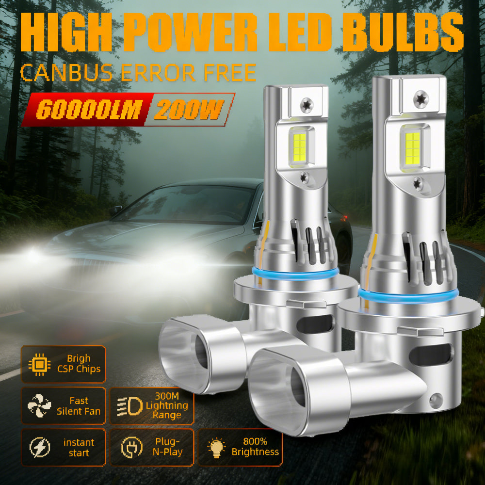 2 High Power CSP Chip LED Car Lights Canbus Error-Free 200W 60000 Lumens High Brightness LED Bulbs, Equipped with Fast Silent Cooling Fan, 300m Stable Illumination Distance, Plug-and-Play, 800% Reliable Brightness
