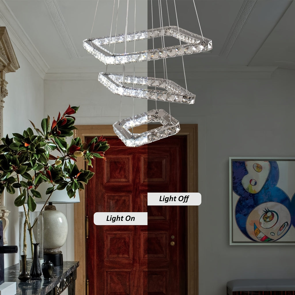 Modern Square Ring Crystal Chandelier, Height Adjustable Ceiling Light (Cool White Light)