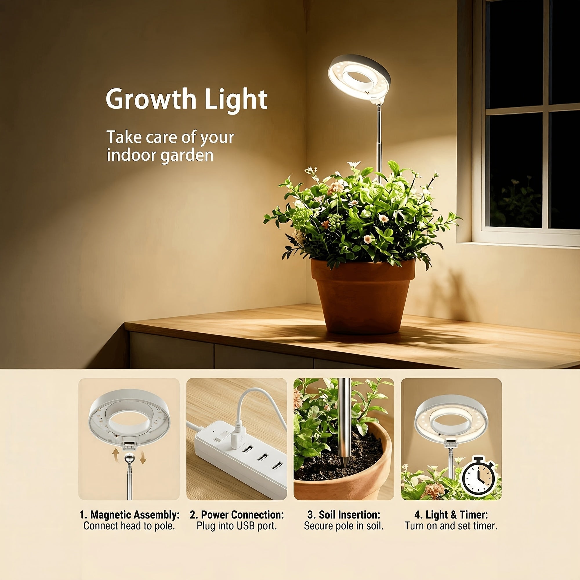 2-Pack Magnetic Indoor Plant Grow Light Compatible with Desks & Plant Stands, Full Spectrum Dimmable Plant Lamp with Auto On/Off Timer, Height Adjustable & 720° Freely Rotatable, Ideal for Small-Space Indoor Gardening