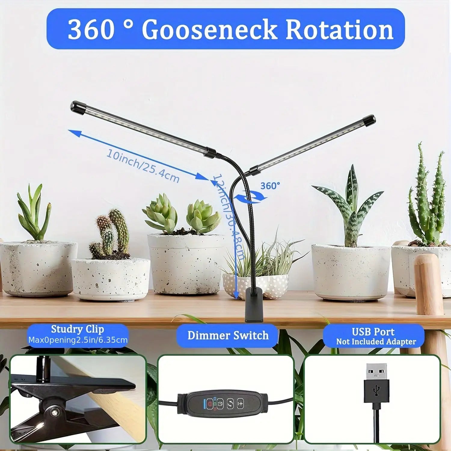 1 piece - black tube [LED plant grow light] 15W red/blue LED plant grow light | full spectrum panel, USB powered, flexible rotating plant light, suitable for indoor gardening - adapter not included