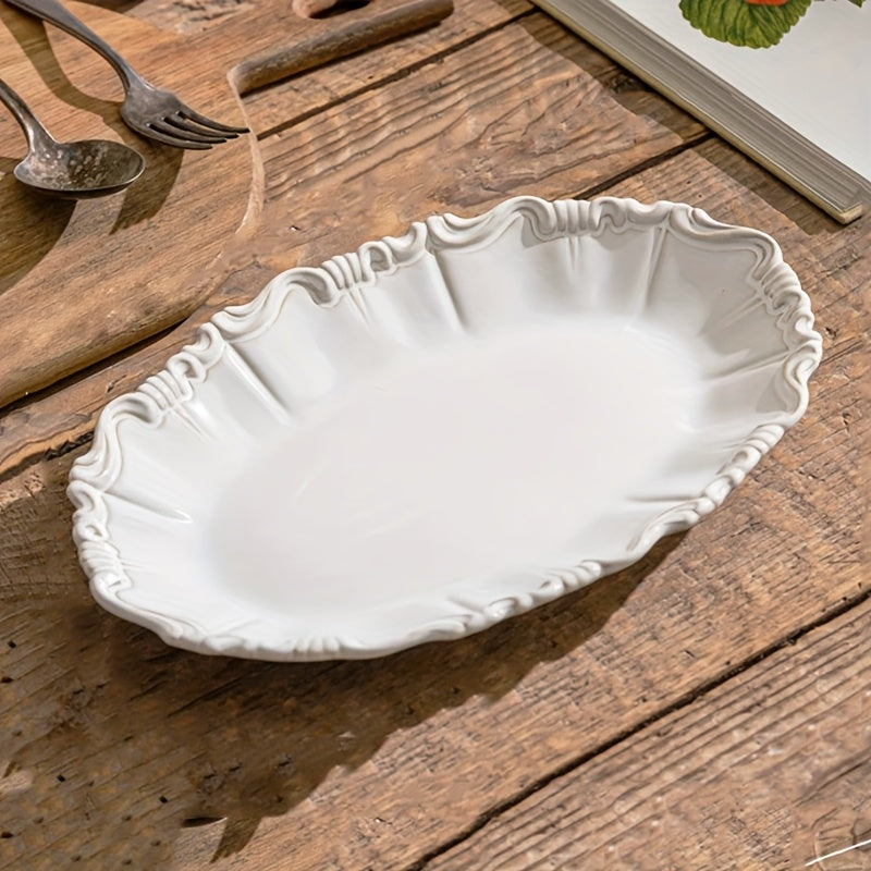 French Kiln-Changed Glaze Vintage 12-Inch Fish Plate, Ceramic Dinner Plate, Steamed Fish Dish, High Temperature Resistant, for Restaurant & Home Use