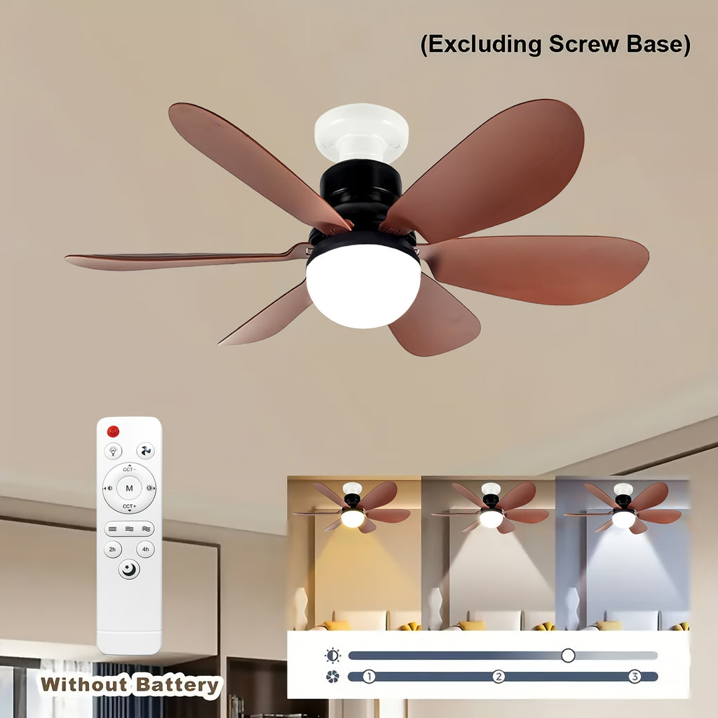 Smart Brown Ceiling Fan Light with Remote, Dimmable LED 3-Color Lighting, 3 Wind Speeds, 6-Blade Fan Light, E27/E26 Base Hardwired, Ideal for Kids' Room, Bedroom, Kitchen, Study, Brown Flush Mount Fan Light.
